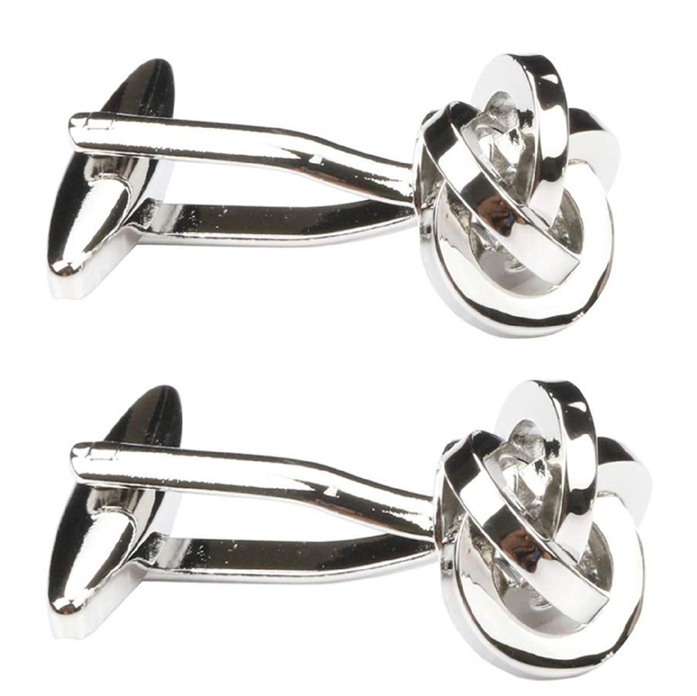 Mens Metal Round Knot Twist Cuff Links Silver - Picture 3 of 4